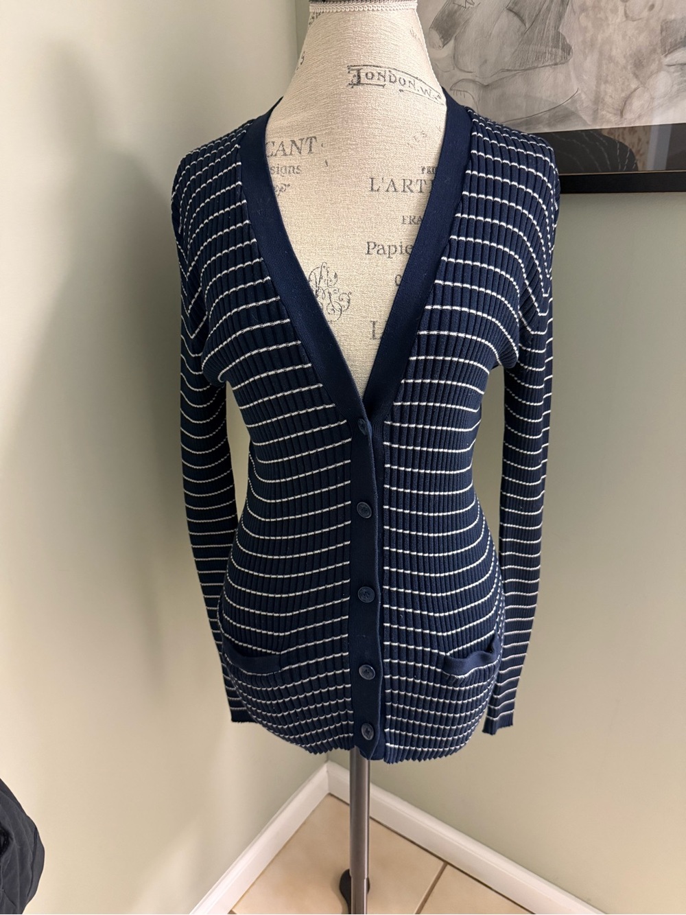 Ralph Lauren Navy & White Striped V-Neck Fitted Button Cardigan Sweater